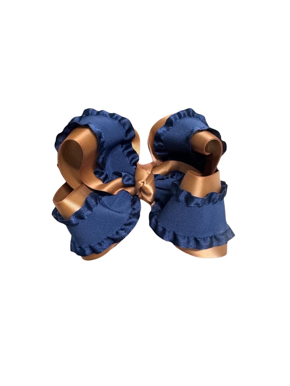 Navy Blue & Champagne Gold Ruffle Boutique Hair Bow | Twisted Boutique Bow